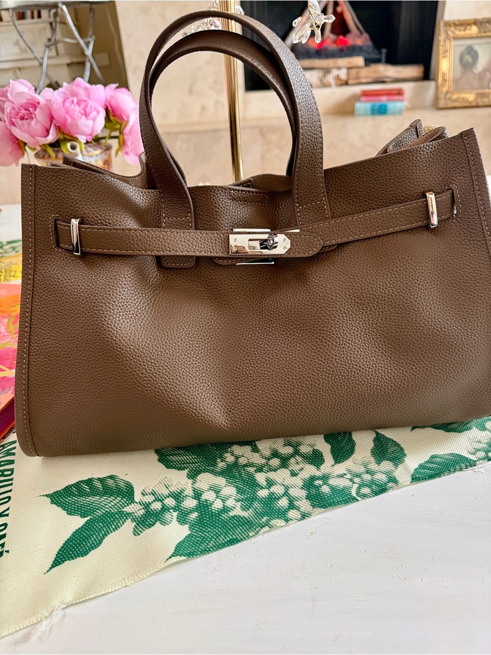 Genuine Leather Taupe Top-Handle Tote